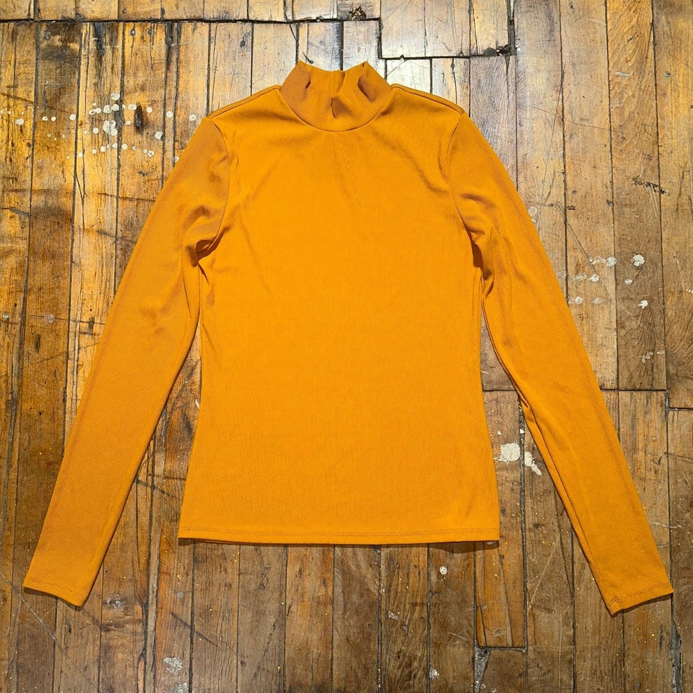 H&M Knit Top Women's S Yellow Ribbed‎ Long Sleeve Mock Neck Pullover Activewear